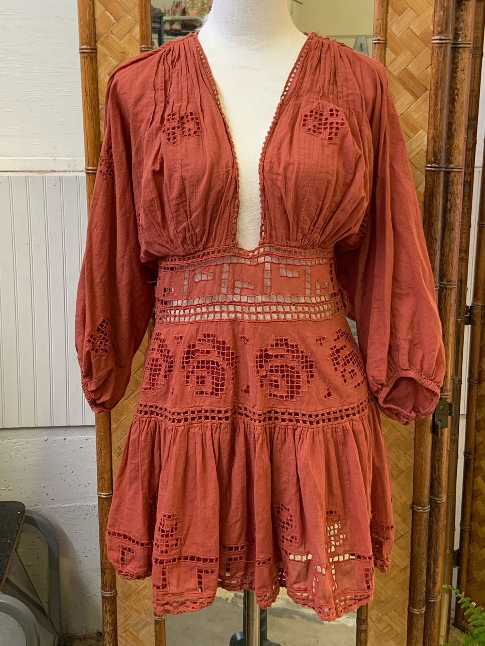 Free People Rust Crochet-Detail Midi Dress